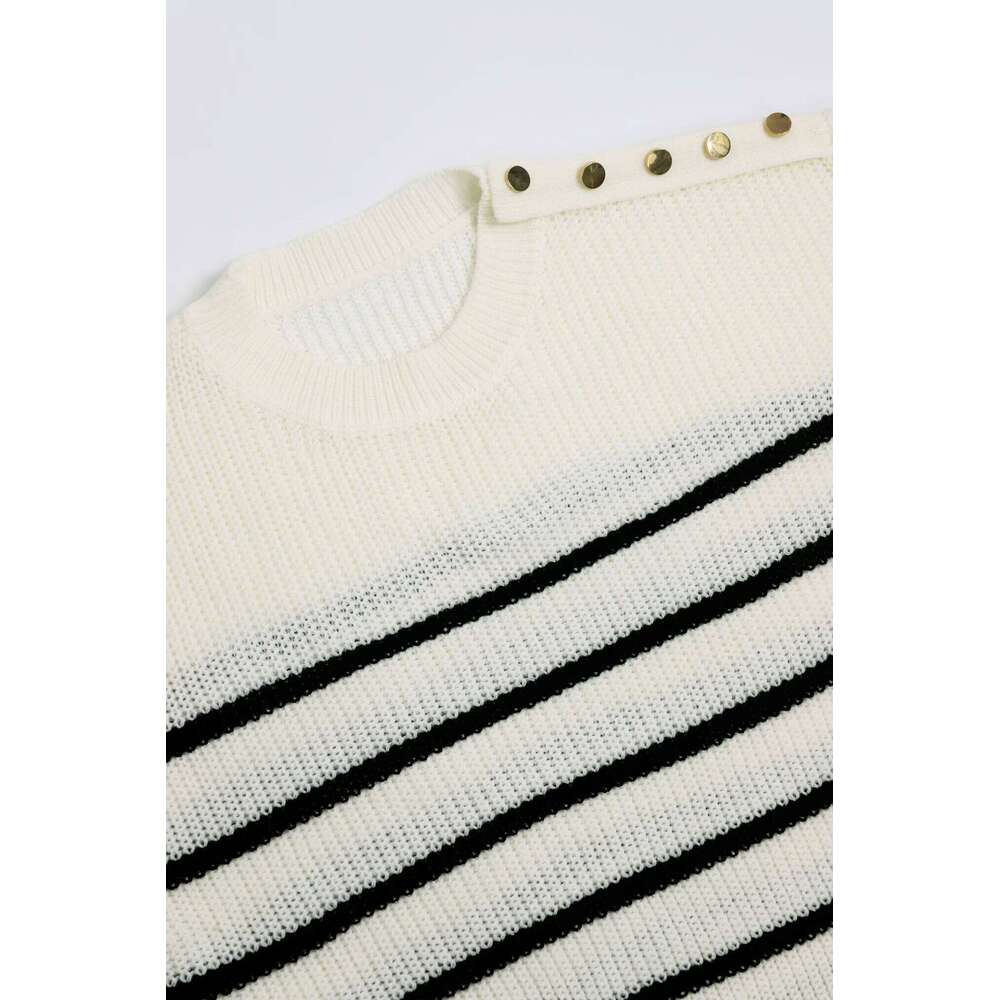 Women's White & Black Striped Knit Sweater Oversized Crew Neck Pullover with Shoulder Buttons 26L0224