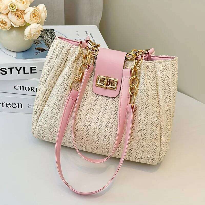 Elegant Women's Fabric Shoulder Bag with Adjustable Chain Strap Front Flap Button Closure Professional Use, Woven Handbag Z260224