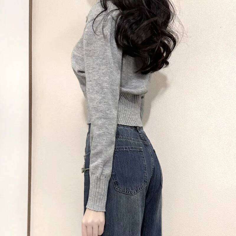 Xpqbb Korean Chic Turndown Collar Sweaters Female Gray Slim Fit Long Sleeve Cropped Sweater for Woman Streetwear Knit Pullovers 26L0224