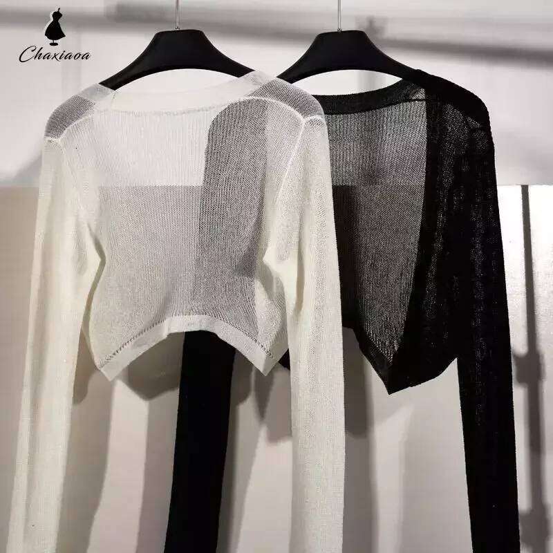 Sunscreen Cardigan Thin Women Knitted Jacket Perspective Long Sleeve Top Overlay Simple Casual Basic Slim Korean Fashion Summer 26L0224