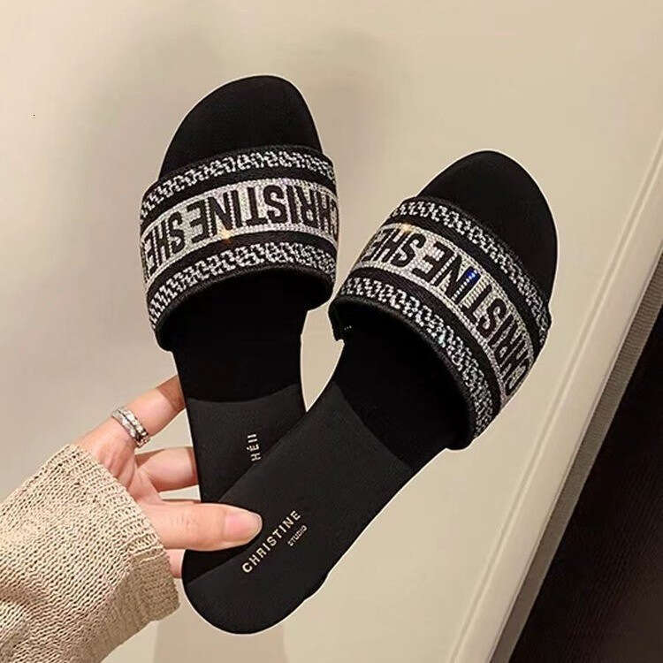 Full Diamond Version Letter Embroidery Hotfix Rhinestone Flat Sandals for Women Outdoor Summer New Beach Slippers