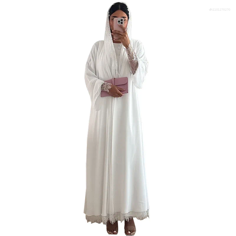 Ethnic Clothing Abaya Factory OEM/ODM Dubai Luxury EID Islamic Muslim Women Dress Gorgeous Lace Modest Kimono Lace Open Summer Set