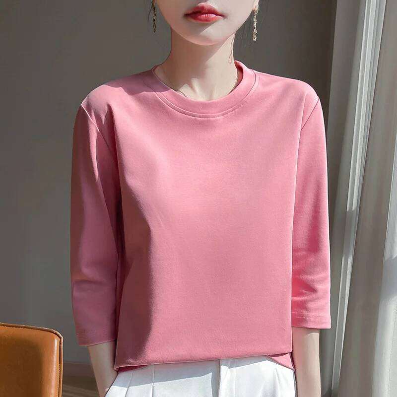 Mercerized Cropped Female Spring And Summer 2023 New Round Neck Loose 100% Cotton Short Sleeve Bottoming T-Shirt 26Y0224