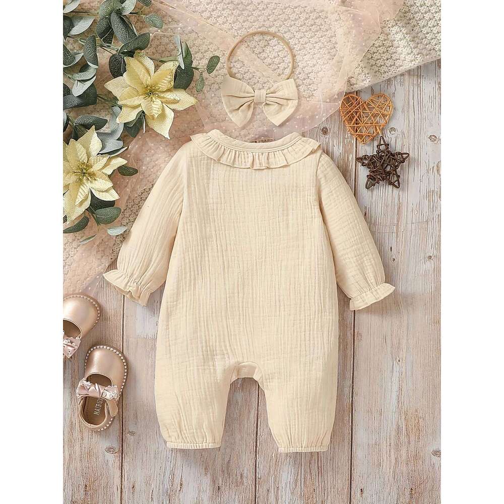 Baby Girl's Cotton Newborn Long Sleeve Autumu Solid Casual Jumpsuit Preppy Style +Headband 26H0224