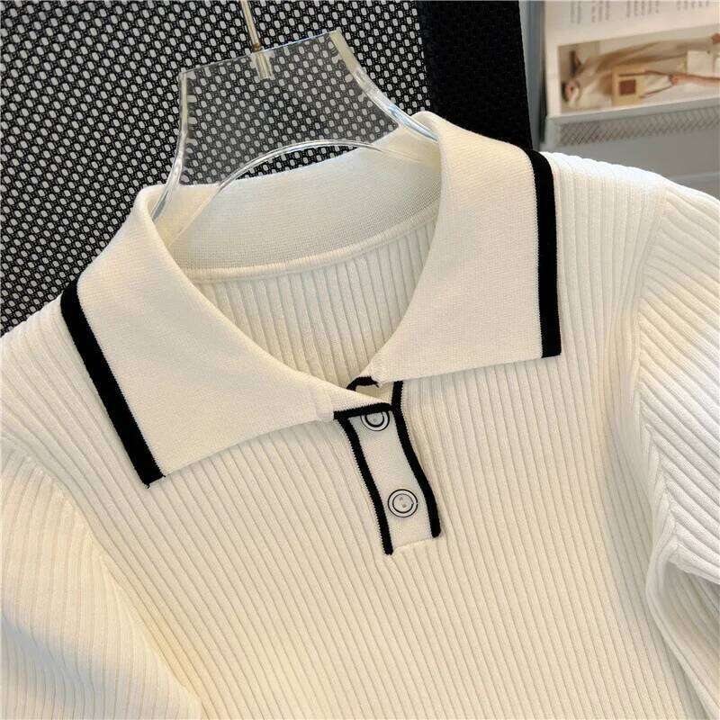 Ice Silk Shirt Summer Women's Knitted Short Sleeve Polo Casual Versatile Women Sweater Tops 2025 Korean Clothing 26W0224