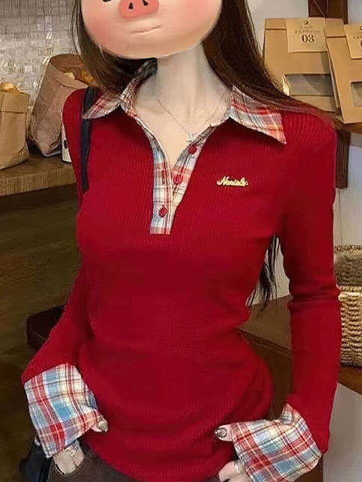 Preppy Polo Neck Knit Plaid Long sleeve T shirt Women False 2 Piece Basic Top V neck Button Blouses Tees 2025 New 26W0224