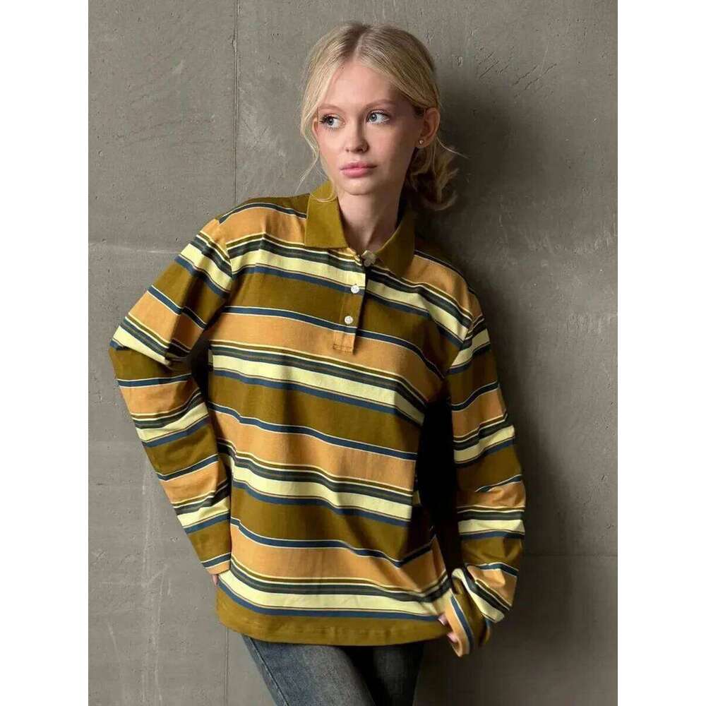 Bornladies Spring Summer New Women's Retro Striped Polo Collar Oversized Long Sleeve T - Shirt Trendy Casual Loose Basic Top 26W0224