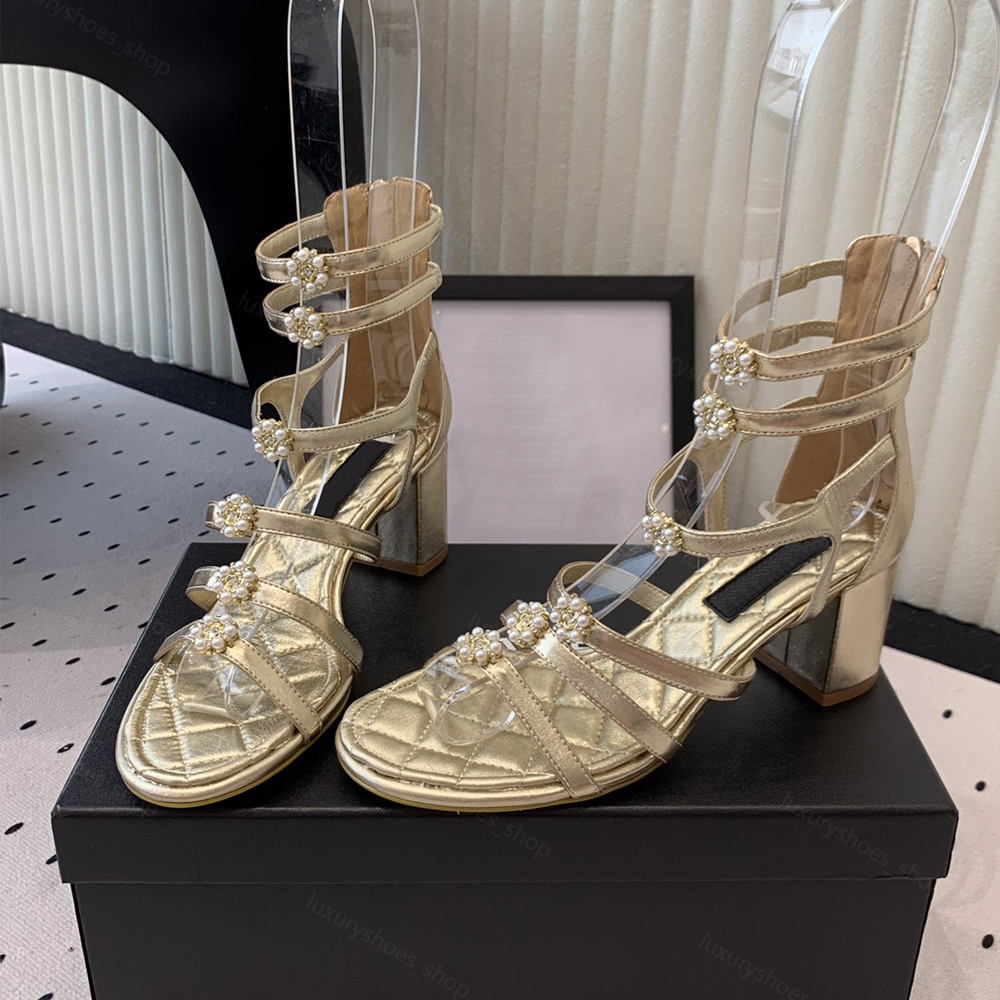 Top quality Pearl Flower open toes High-heeled sandals Gold silver Gladiator sandals Chunky Heel Luxury designer heels Office shoes New sandals 35-41