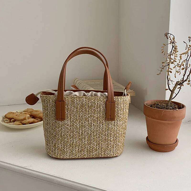 Women's Leisure Grass Woven Handbag Drawstring Bucket Shoulder Crossbody FemaleTravel Bohemian Vacation Beach Bag Z260224