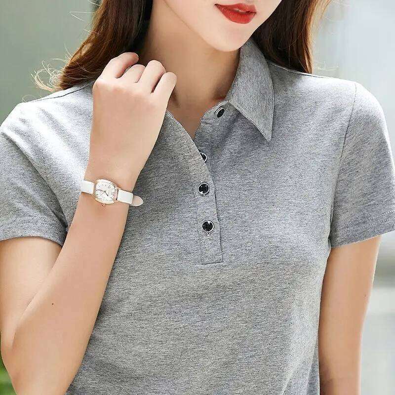 Female Tee Slim 100 Cotton Plain Button Women's Polo Korean Clothing Goth T-shirts Elegant Cheap Aesthetic Hot Sales Emo Kpop 26W0224