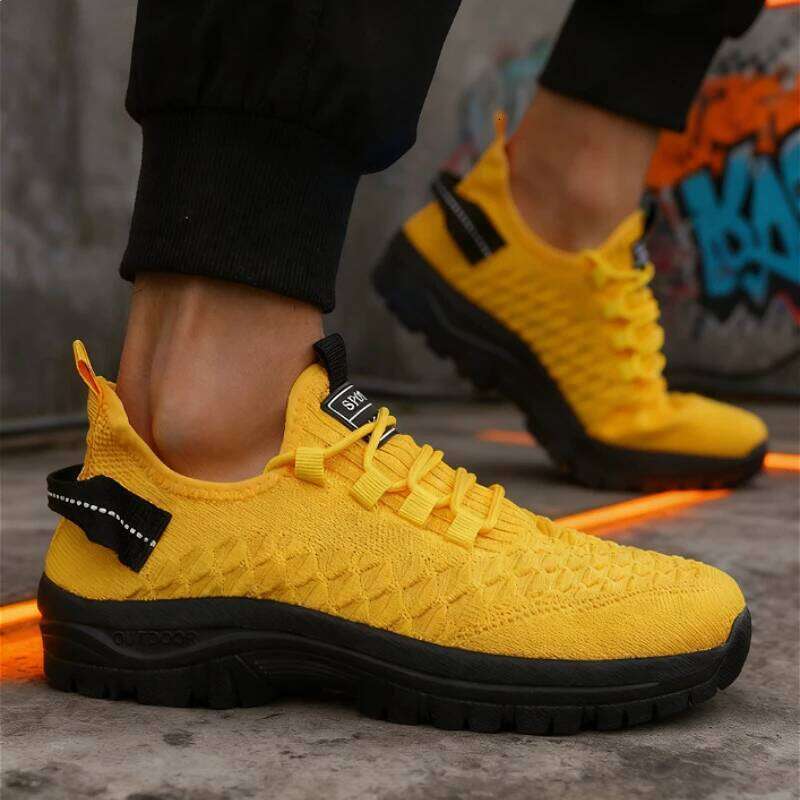 Men's Yellow Knit Outdoor Sneakers Breathable Non-Slip Casual Lightweight Fashion Trendy Daily Athletic Footwear Shoes Men