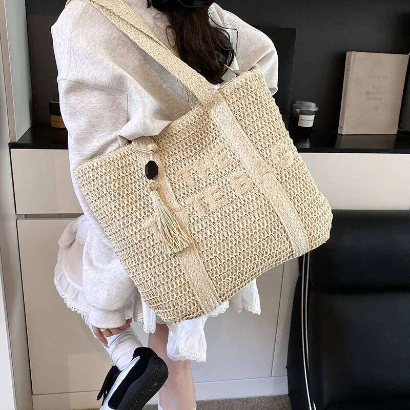 French Style Large Capacity Woven for Women New Beach Vacation Shoulder Casual Commuting Tote Bag Purse Z260224