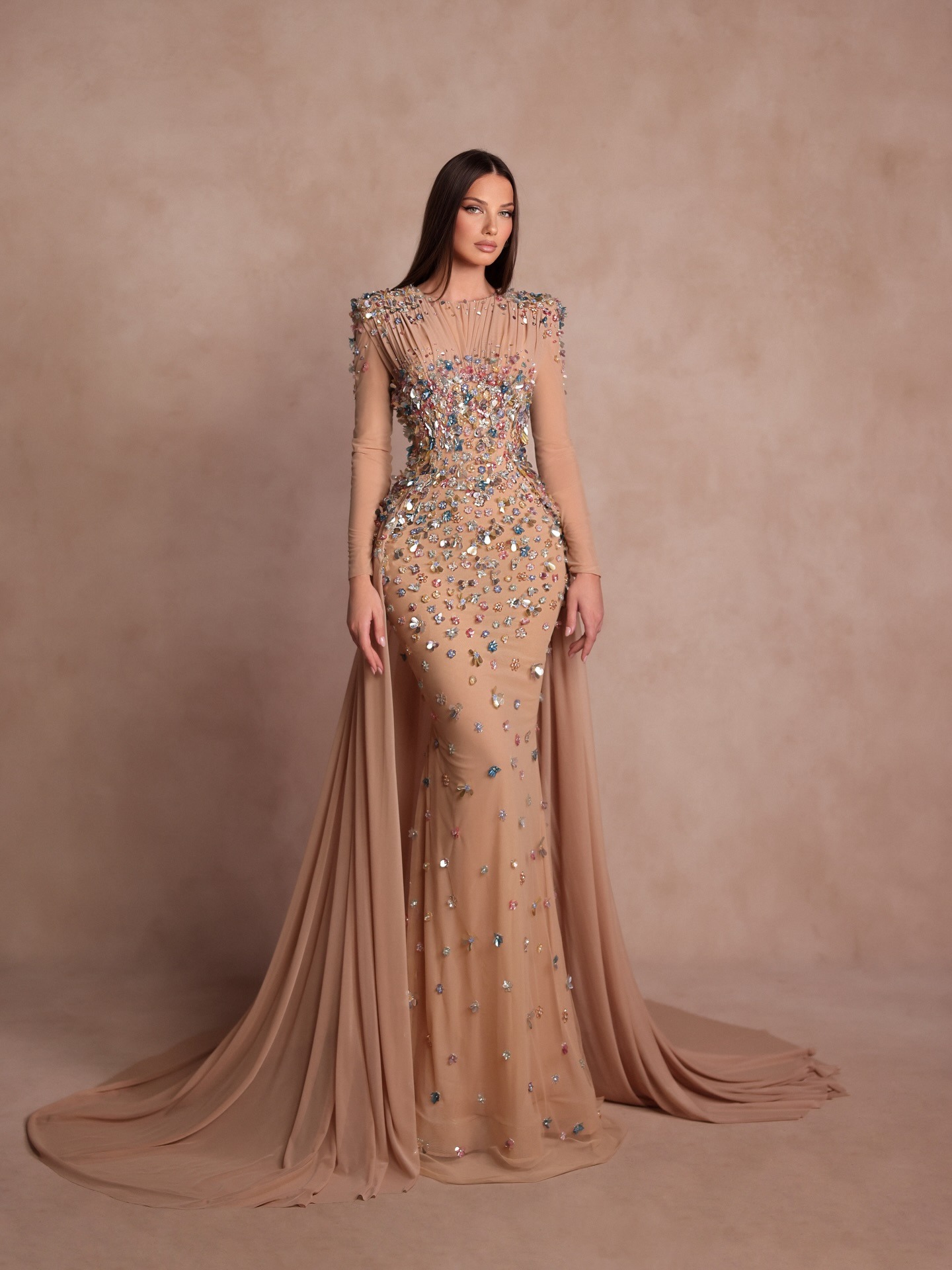 Elegant Evening Dresses Mermaid O-Neck Long Sleeve Crystals Prom Dresses Celebrity Party Gown Customized Vestido De Novia