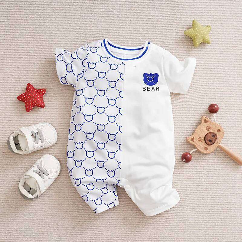 Newborn Clothes Cute Patchwork Teddy Bear Comfortable Soft Summer Boys And Girls 0-18 Short Sleeved Baby Jumpsuit 26Y0224