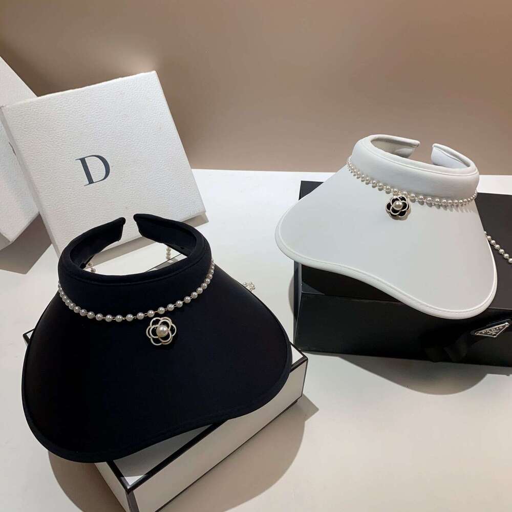 Solid-color pearl open-brim hat Tea flower decoration Suitable for shopping and garden parties