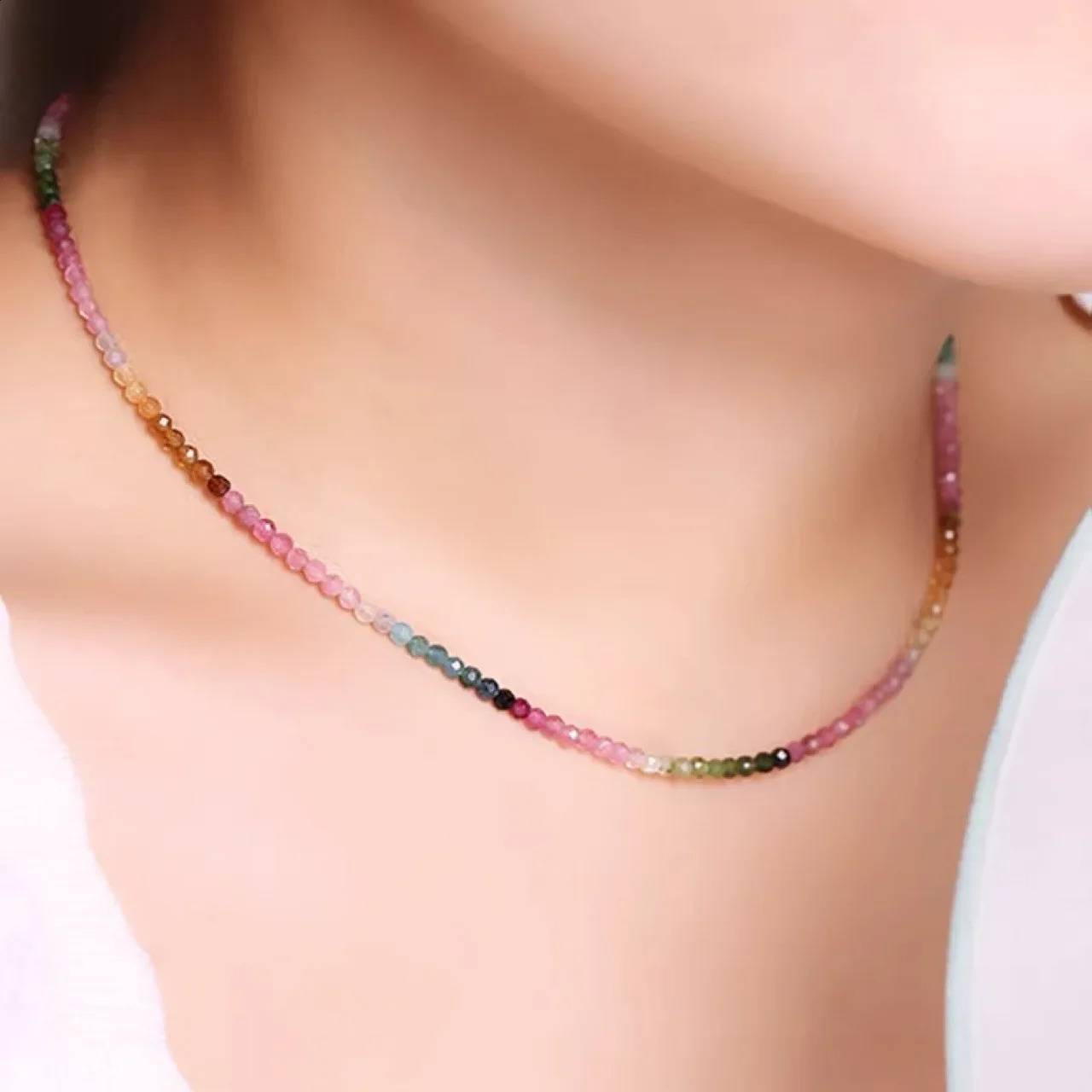 2mm Extremely Fine Natural Tourmaline Clavicle Chain Chokers Necklace Womens Rainbow Niche Sense Gradient Summer 260208