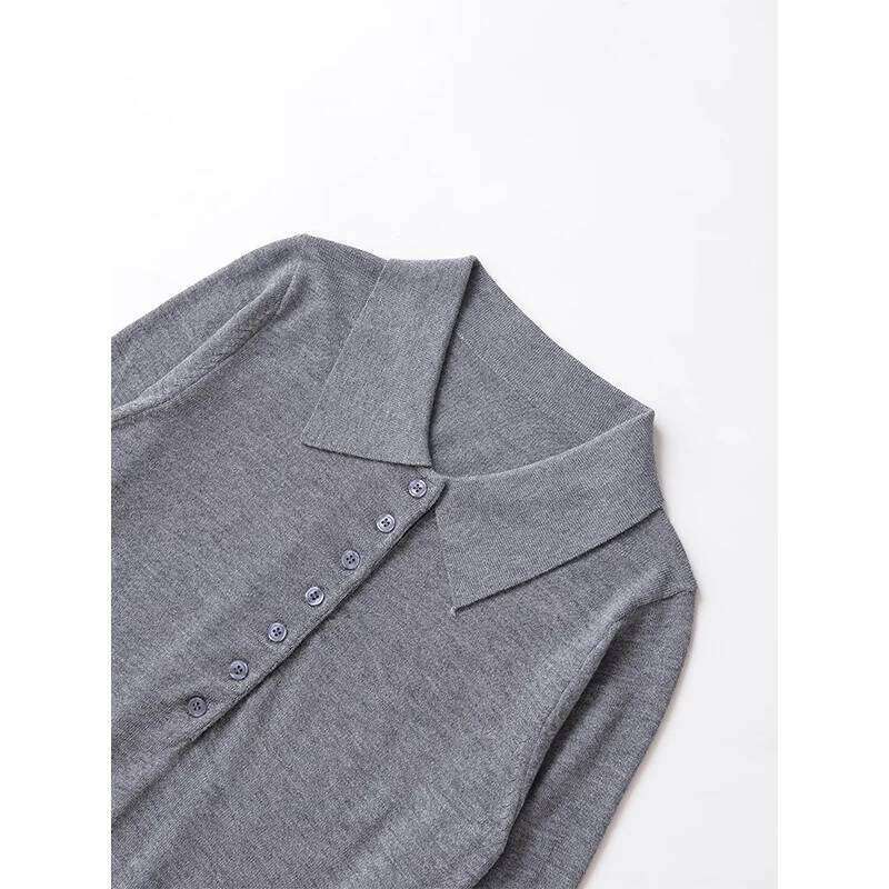 2025 Women Long Sleeve Polo Neck Sweater Casual Gray Autumn Pullover Tops 26W0224