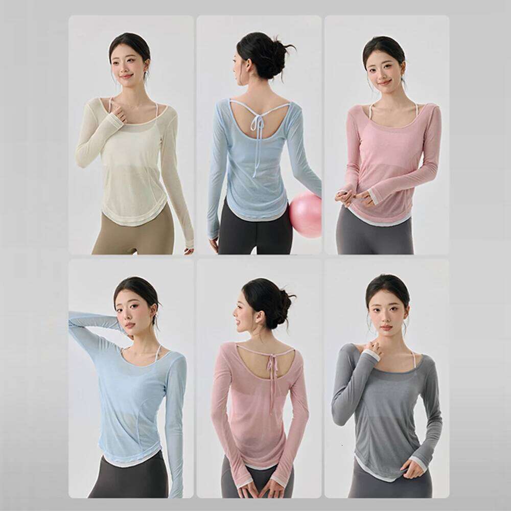 Women's Yoga Cover Up with Tie Design Long Sleeve Slim Fit Lightweight Shirt Sexy Revealing Gym Wear 26Y0224