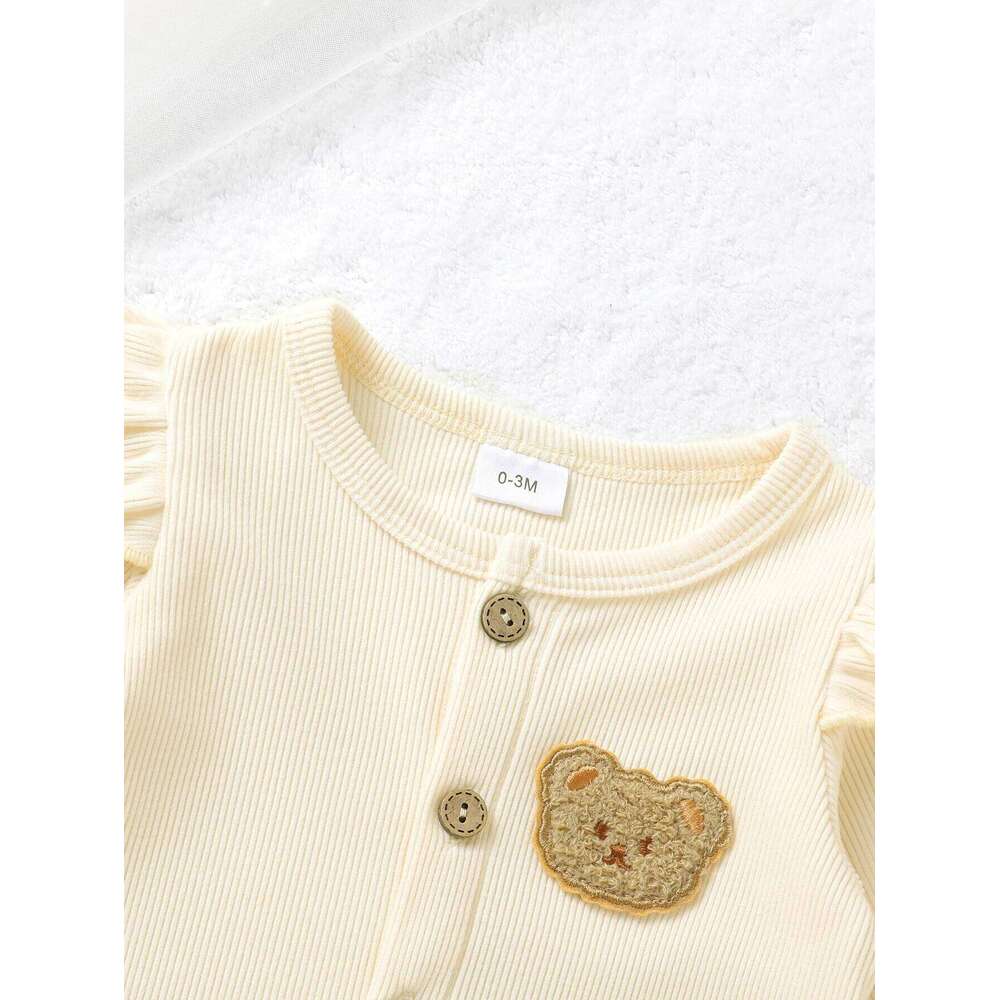 2PC Set Infant Girl Autumn Ruffle Long Sleeve Cute Bear Motif Ribbed Romper and Headband 26H0224