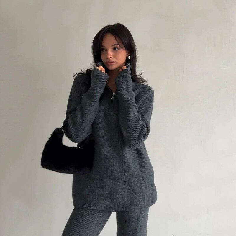 Ladies Sportswear Set Women Sport Leisure Suit Fashion Women s Spring And Autumn Elegant Casual Half Zip Turn Down Collar Knit Set