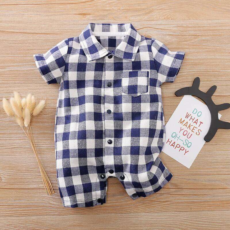 Summer Boys And Girls Literary Style Checkered Shirt Casual Comfortable Short Sleeve Baby Bodysuit 26Y0224