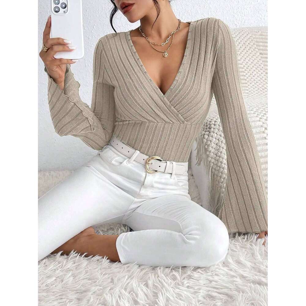 Fall and Winter V-neck Sexy Slim Striped Women's Tops, Long-sleeved T-shirt Knitted Bottoming Shirt 26L0224