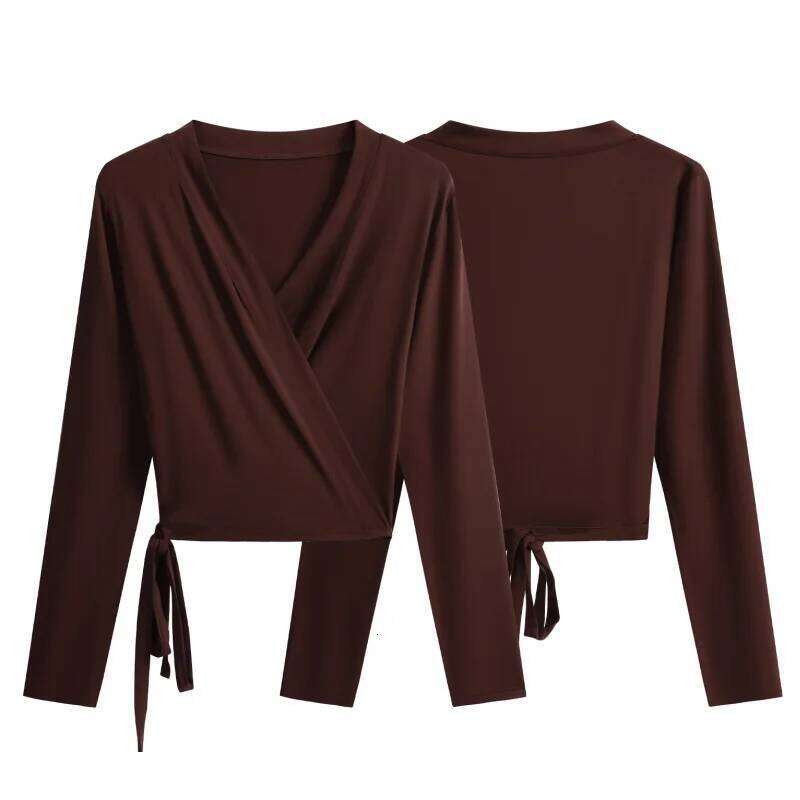 DRUR Womens Yoga Pilates Wrap Top Long Sleeve Tie Front Shrug Ballet Shirt and Thin V-Neck Crop Kimono Casual Y2k Clothes 26Y0224