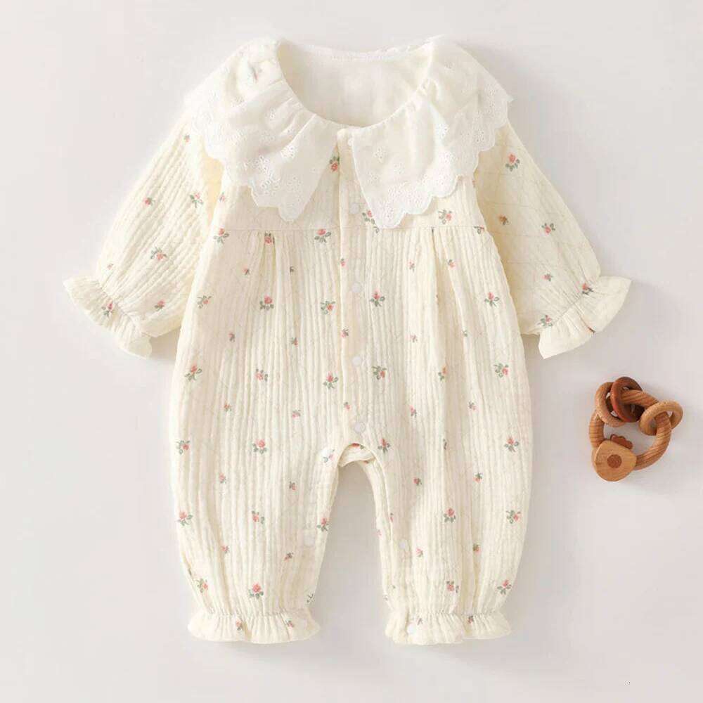 Gauze Baby Rompers Girls Floral Dot Print Peter Pan Collar Newborn Clothing Spring Autumn Infant Girl Long Sleeve Jumpsuit 26H0224