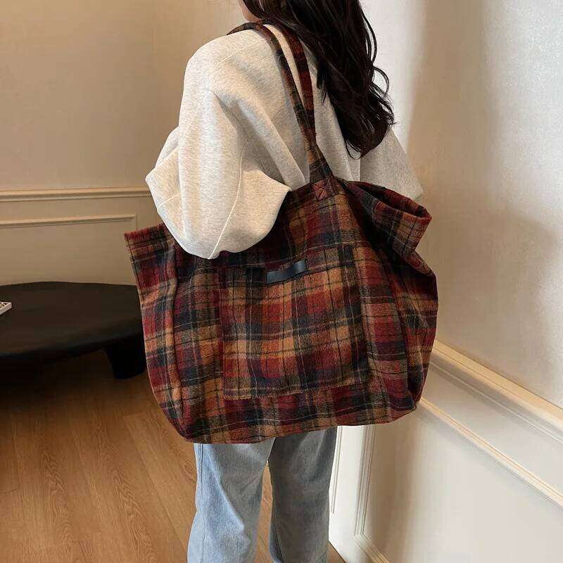 Woolen Plaid Big Women's 2025 New Korean Version Tote College Style Casual Large-capacity Shoulder Bag Z260224