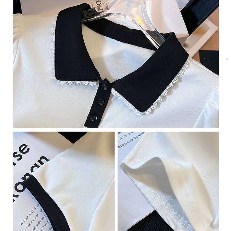 Women Peter Pan Collar Short Sleeve T Shirt Summer New Design False Two Piece Top Blouse 26W0224