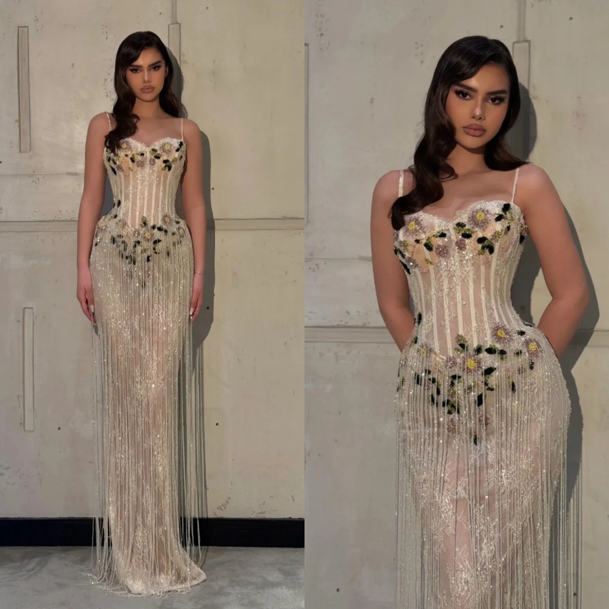 Gorgeous Spaghetti Straps Prom Dresses Elegant Sleeveless Appliques Evening Dress Floor Length Tassels Party Gown Customized