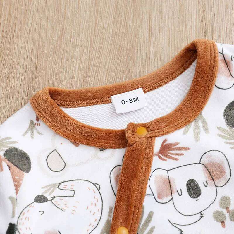 Infant's koala Print 0-18 months Bodysuit Autumn/winter plush and heavy Comfy Long Sleeve Onesie, Baby Boy's Clothing, As Gift 26Y0224