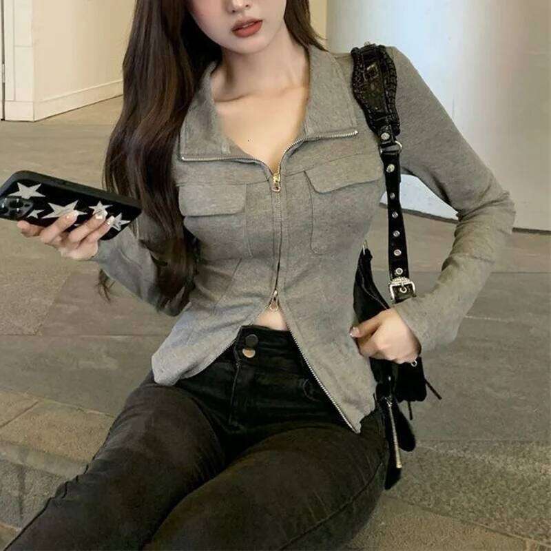 Women Classic Gray T-shirts Female Korean Polo Collar Short Tops Girls Zipper Designer Slim Fit Thin Clothes 26W0224