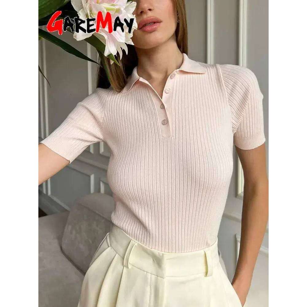 Women's Knitted T-shirt Green Elegant Short Sleeve Summer Top Ribbed Sweater Slim Basic Polo with Collar for Women 26W0224
