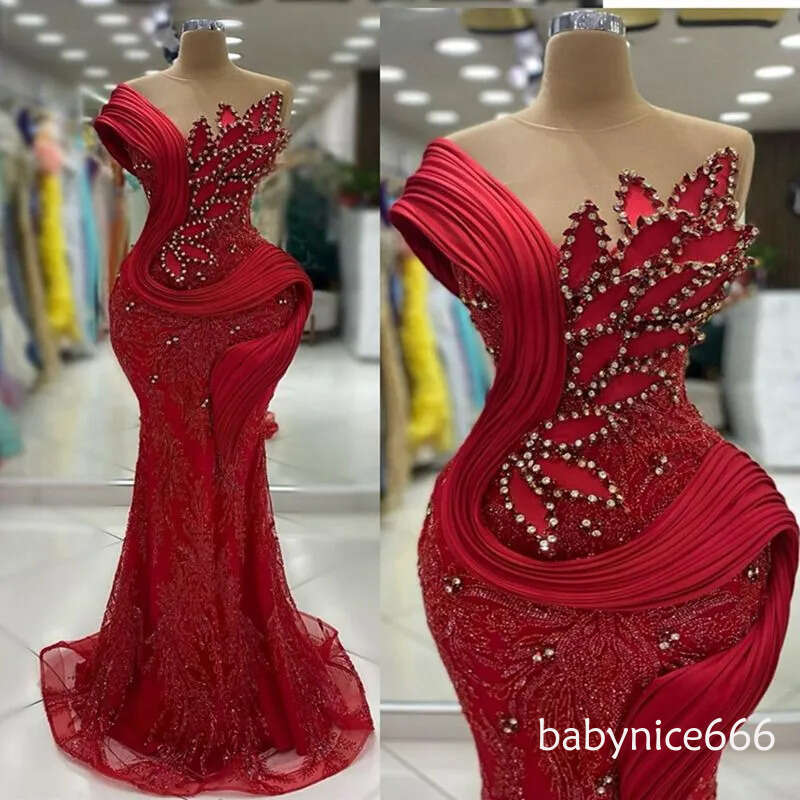 Dark Red Mermaid Prom Dresses for Black Girls Sheer Neck Crystals Beads Lace Evening Hand Made Flowers Birthday Dress Second Reception Gowns J10