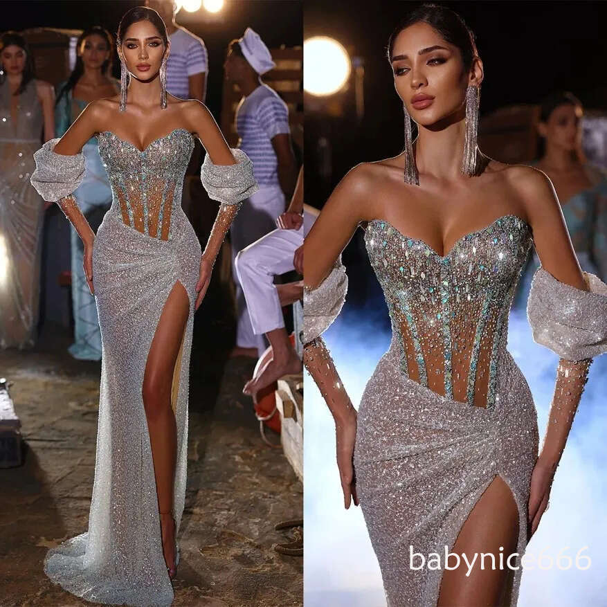 2026 Brilliant Mermaid Prom Dresses For Women Illusion V Neck Side Split Crystal Sequins Evening Dress Robe De Soiree O23