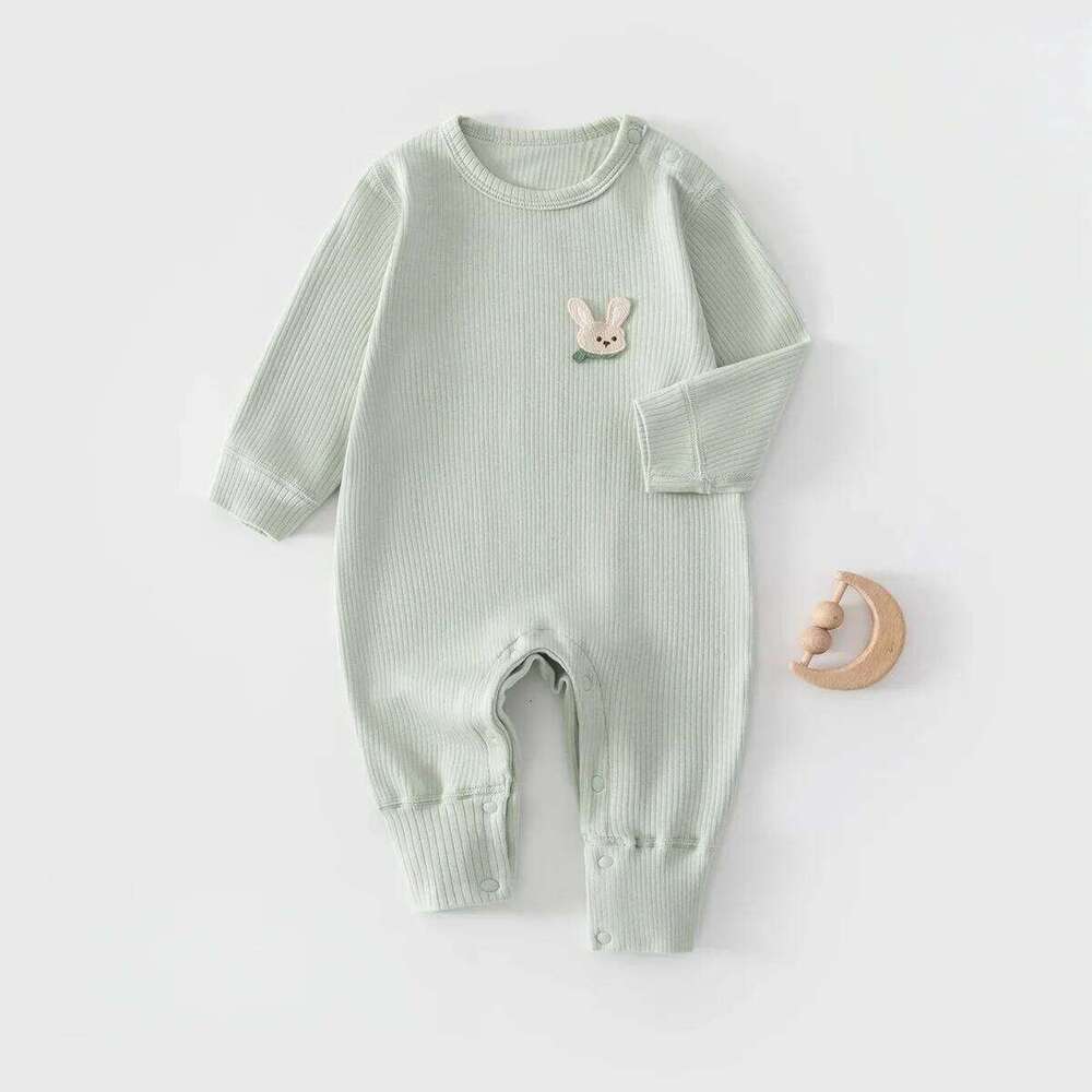 0-2Y Infant Girl Boy Jumpsuit Ribbed Knit 2026 Newborn Romper Spring Cute Patch Easy Snap Closure Soft Baby Clothes 26H0224