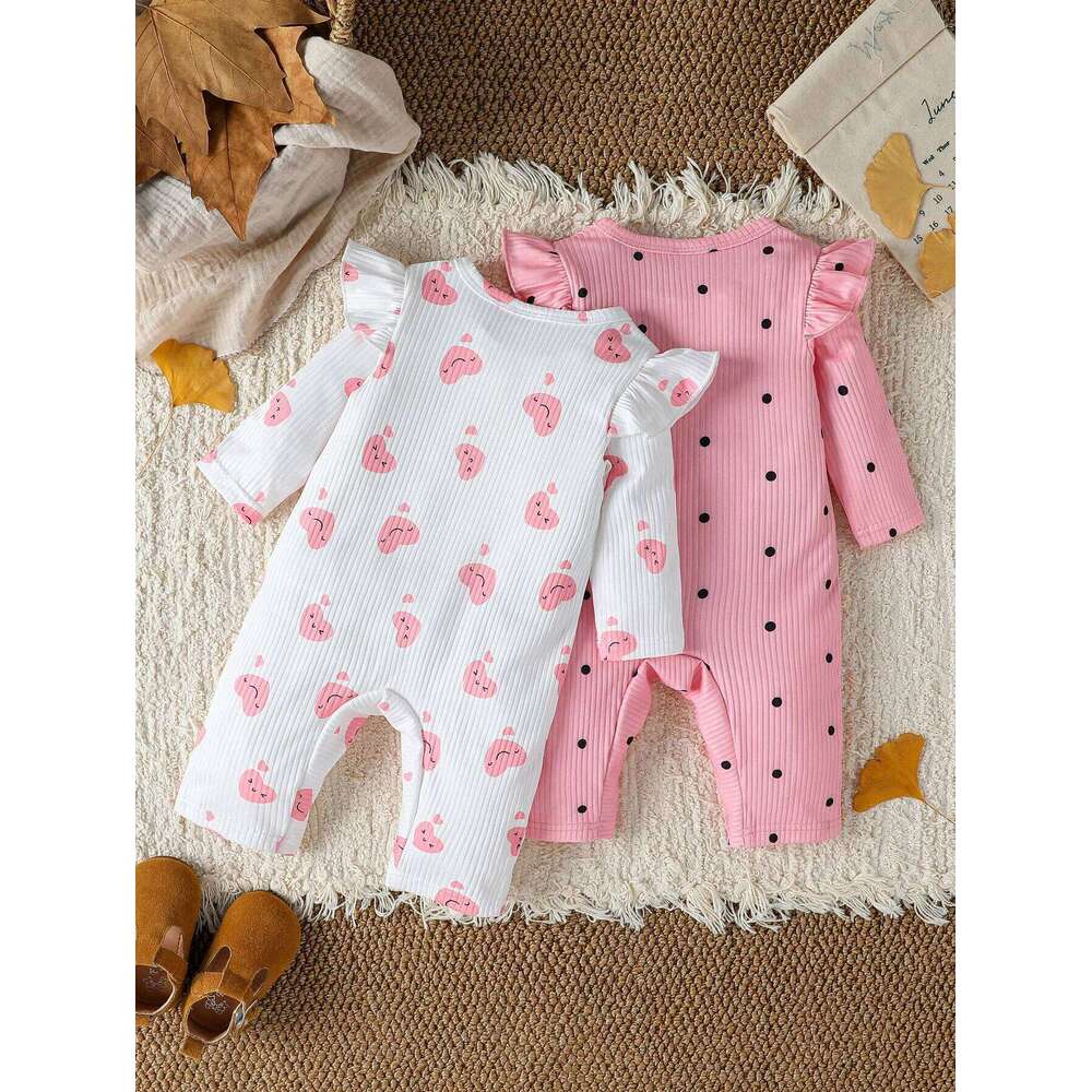 2Pcs Baby Girl Romper Jumpsuit Autumn Ribbed Ruffle Long Sleeve Heart Print Bodysuit Newborn Infant Girls Cute Daily Clothes 26H0224