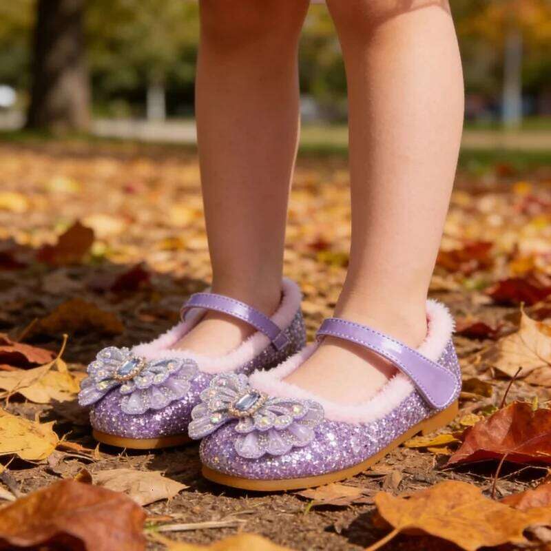 Autumn Fashion Pearl Bow Rhinestone Frozen Elsa Girl Flat Kids Princess Warm Winter Shoes Size 23-36 26W0224