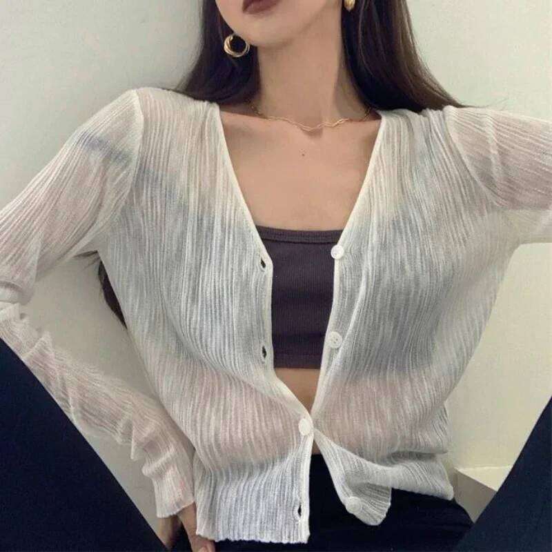 Women's Sunscreen Cardigan V-Neck Thin Long-Sleeved Solid Blouse Tops for Woman Summer Black White Y2K Casual Shirt 26L0224