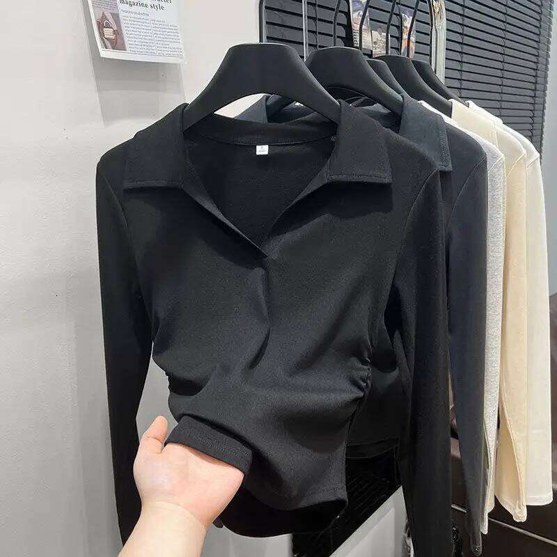 Autumn Cotton Sexy Women's T Shirt Long Sleeve Skinny Slim Basic Solid Black White Crop Polo TShirt Casual Top Tee for Women 26W0224
