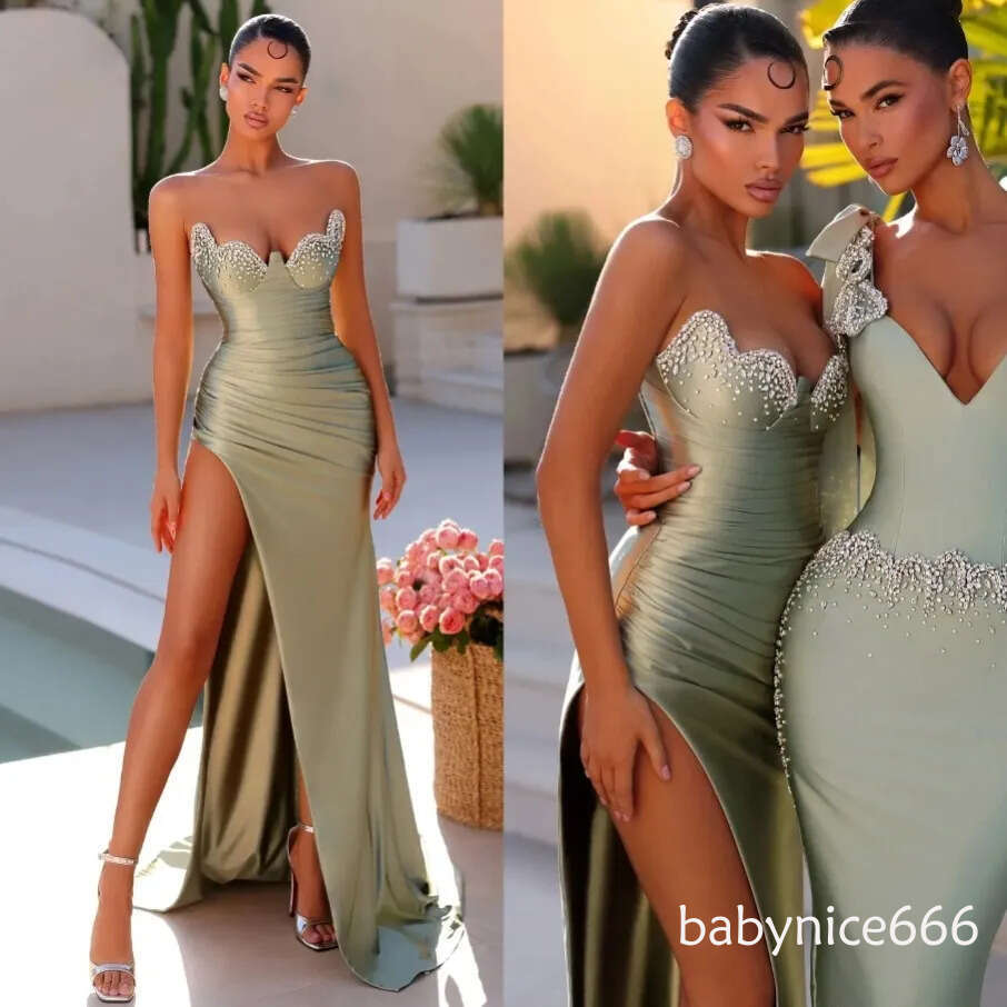 Sage Green Mermaid Bridesmaid Dresses Long Sexy Side Slit Sparkly Diamonds Beaded Formal Party Gowns Sweep Train Slim Fit wedding Guest Maid Of Honor 