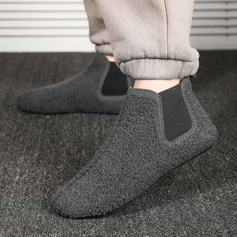 Winter Cotton Warm Plush Lined Indoor Male House Slippers Outdoor Men Walking Ankle Boots Man Casual Flats Shoes