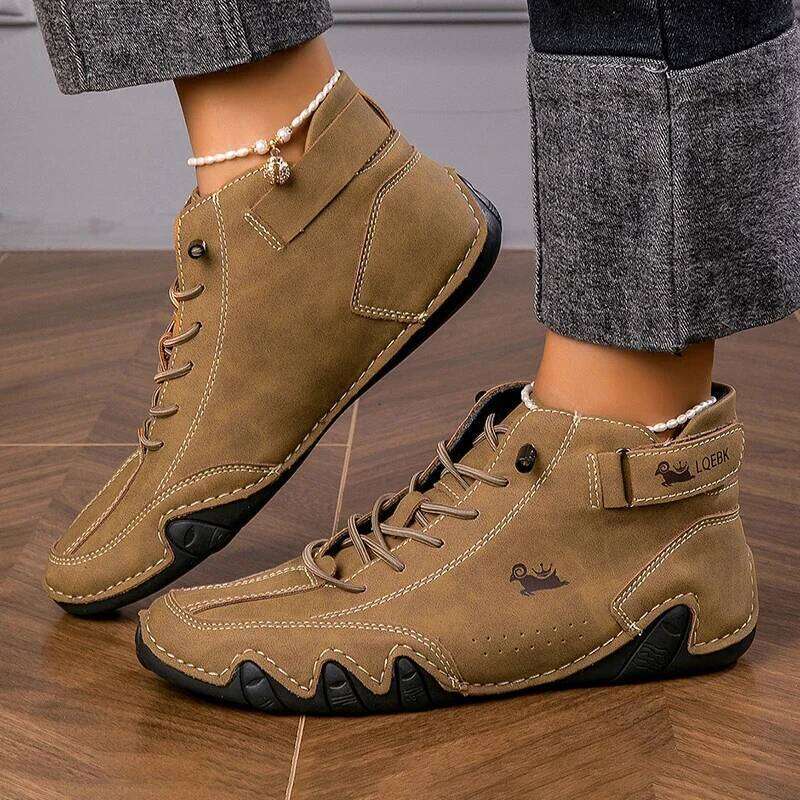 Women Nude Boots Leather Fashionable Lace Up Design Comfortable Soft Soled Daily Activities Walking Travel High Top Shoes