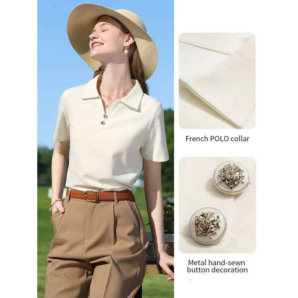 I BELIEVE YOU Women T-Shirt Summer New Slimming Apricot French Polo V-Neck Pique Breathable Commuting Short Sleeve 2252015950 26W0224