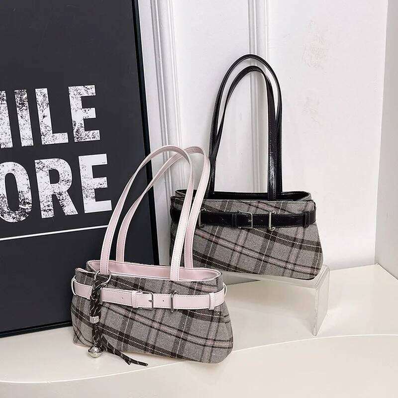 Fashionable Retro Soft PU Leather Checked Shoulder Large Capacity Hot Sale Bags for Women Zipper Cloth Women's Handbags Z260224