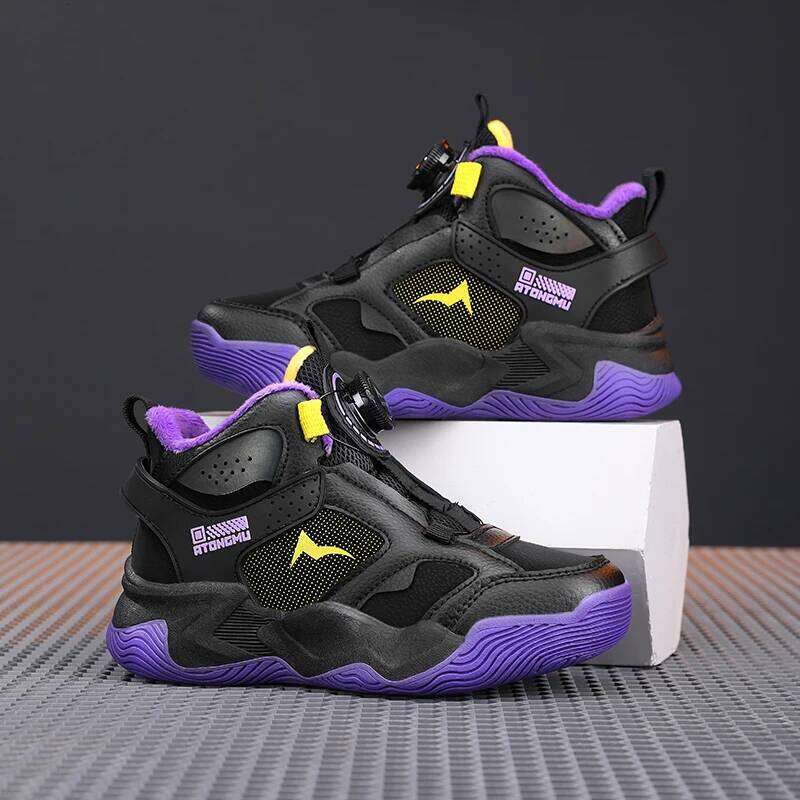 Black Kids Basketball Shoes with Quick Lace System Luxury Tenis Sport Sneakers for Boys School High Top Athletic Footwear Style 26W0224