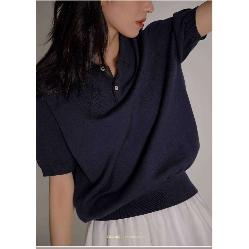 Women's Blue Ice Silk Knitted Polo Shirt Short Sleeve French Lapel Top Thin Summer High-Grade Shoulder T-Shirt 26W0224