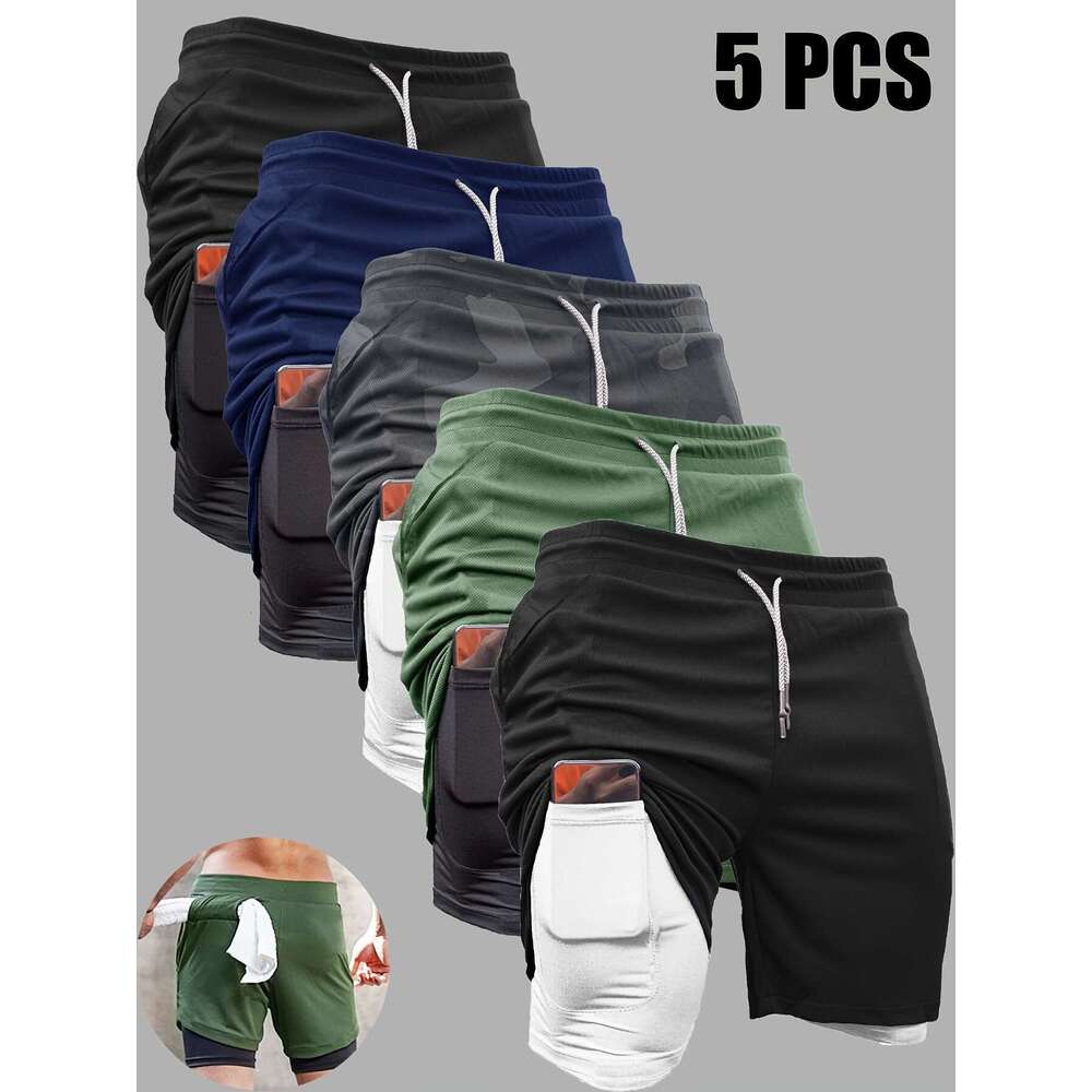 Five-Pack Summer Men's Running Sports Casual Loose Double-Layer Plus Size Basketball Gym Shorts Men