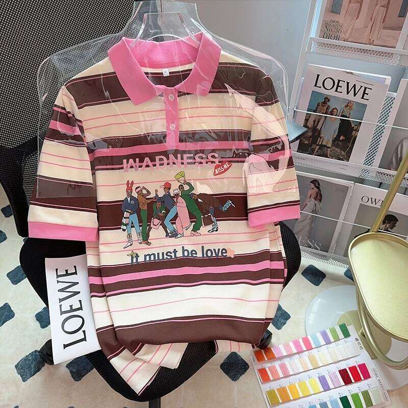 Short Sleeved T-shirt Summer 2023 Trendy Stripe Polo Top Large Women's Shirts 26W0224